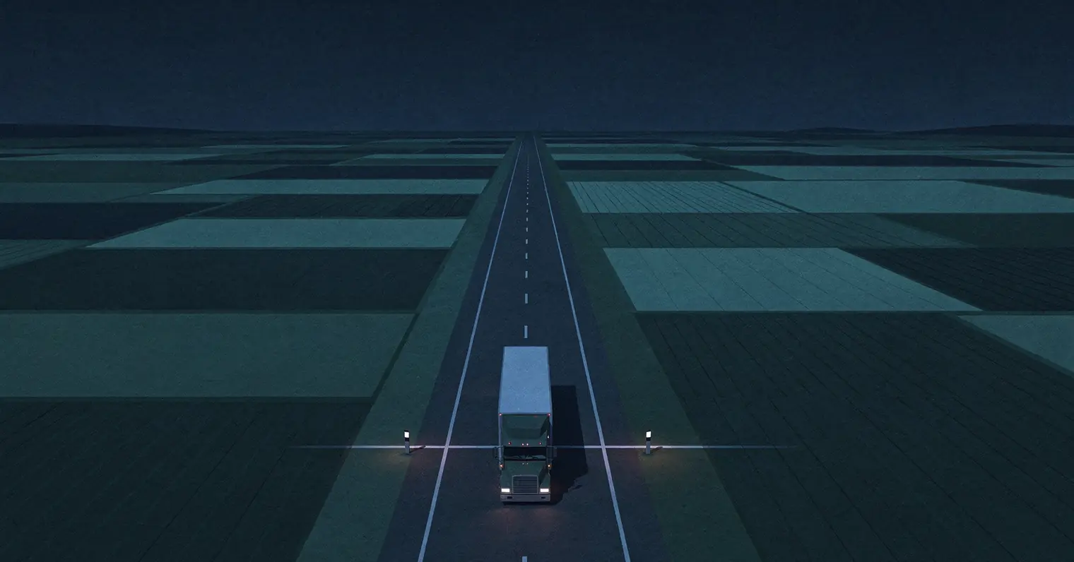 Illustration: a single semi-truck on a long straight highway at dusk, approaching a lit checkpoint line