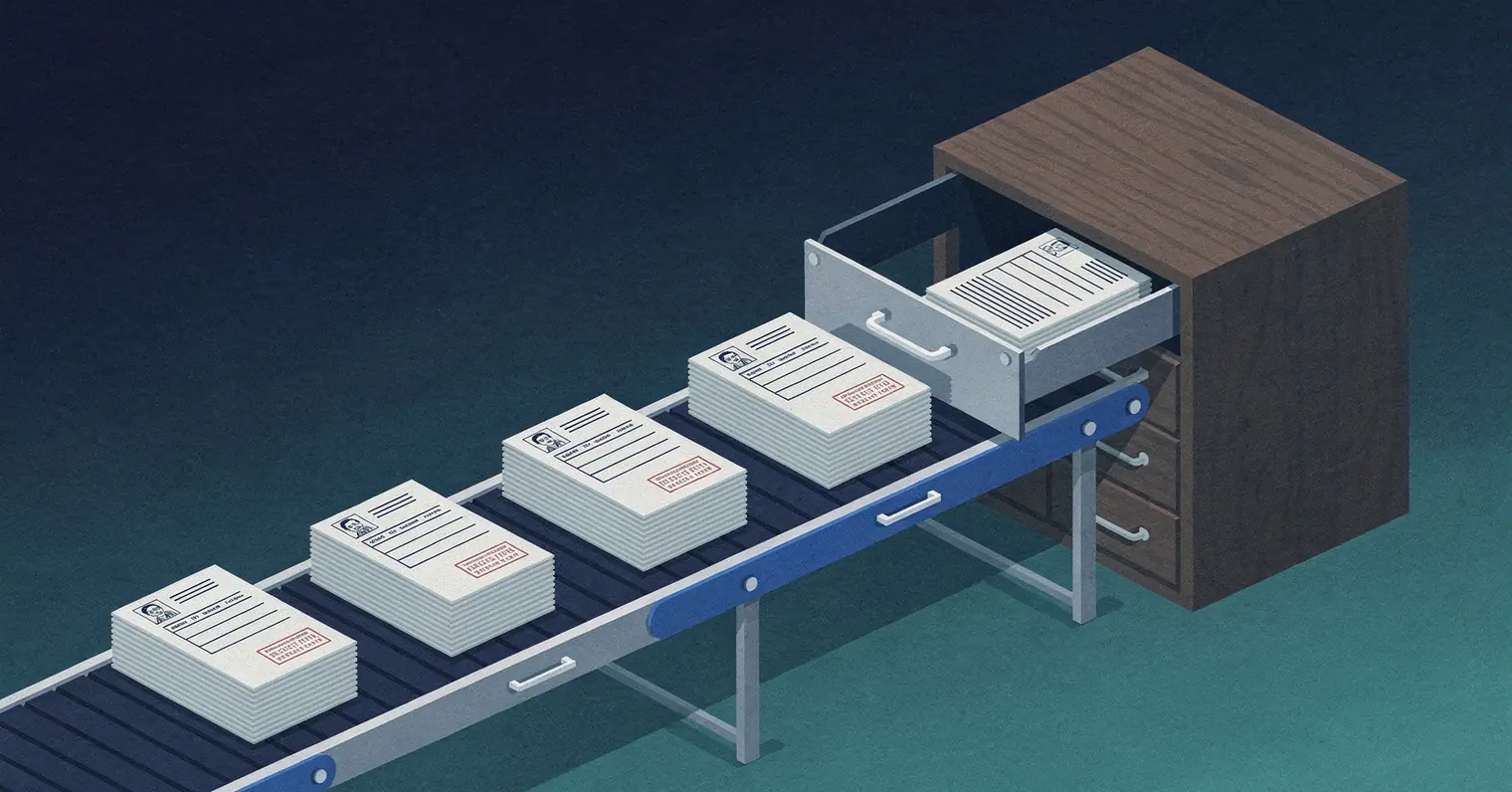 Illustration: stacks of registration forms moving along a conveyor into a filing cabinet